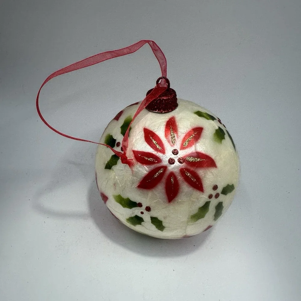 Hand Painted Capiz Shell Holiday Ornament Poinsettias 3inch Christmas